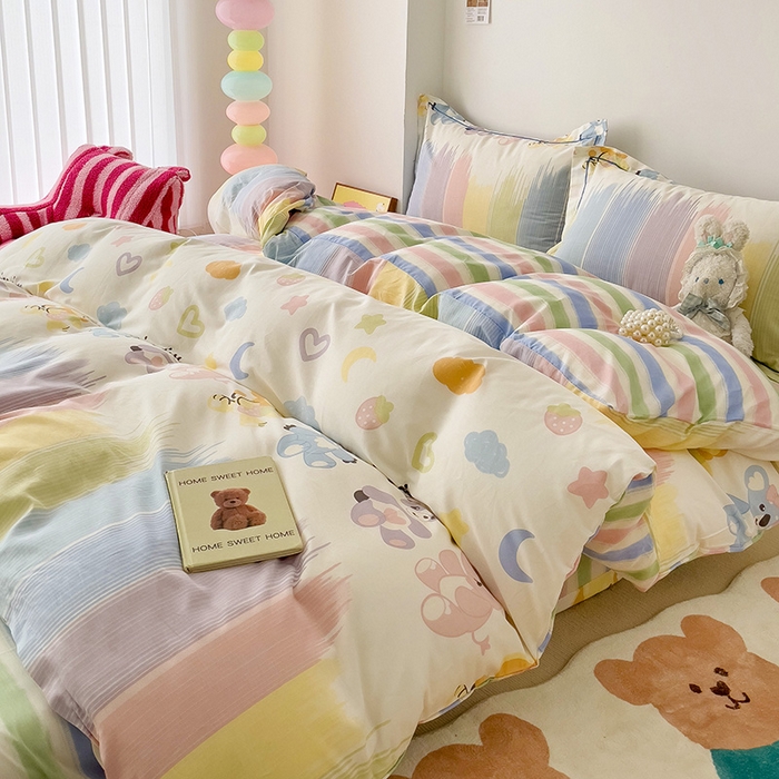 91家纺网 家纺一手货源 找家纺 乐童家纺 2024新款直播爆款13070纯棉印花吊边款一字绣四件套 萌系新宠