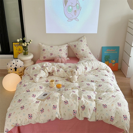 91家纺网 家纺一手货源 找家纺 时年 2024新款全棉双层纱四件套-宝可梦系列 小胖丁