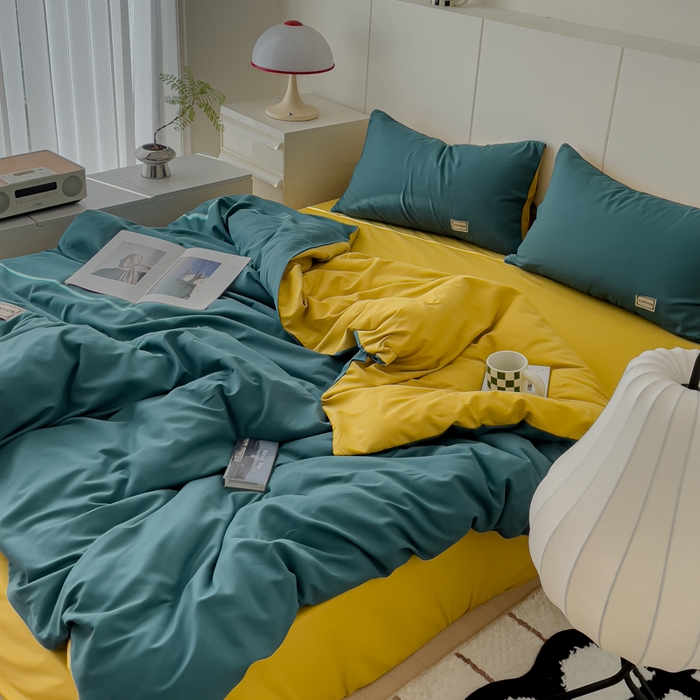 91家纺网 家纺一手货源 找家纺 蓝淋 2024新春款日式简约婴儿可以啃咬的超柔混搭水洗棉四件套 湖蓝+姜黄