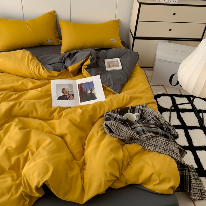 91家纺网 家纺一手货源 找家纺 蓝淋 2024新春款日式简约婴儿可以啃咬的超柔混搭水洗棉四件套 姜黄+深灰