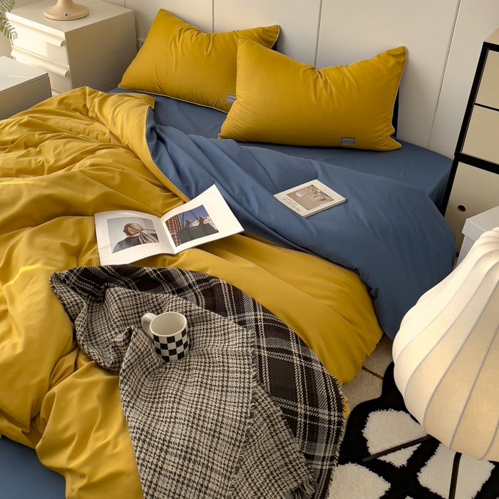 91家纺网 家纺一手货源 找家纺 蓝淋 2024新春款日式简约婴儿可以啃咬的超柔混搭水洗棉四件套 姜黄+蓝灰