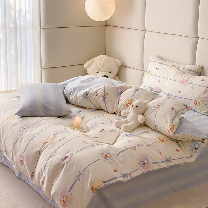 91家纺网 家纺一手货源 找家纺 宜家坊 2024新款全棉喷气13070小清新印花四件套-拍摄一 熊美眉