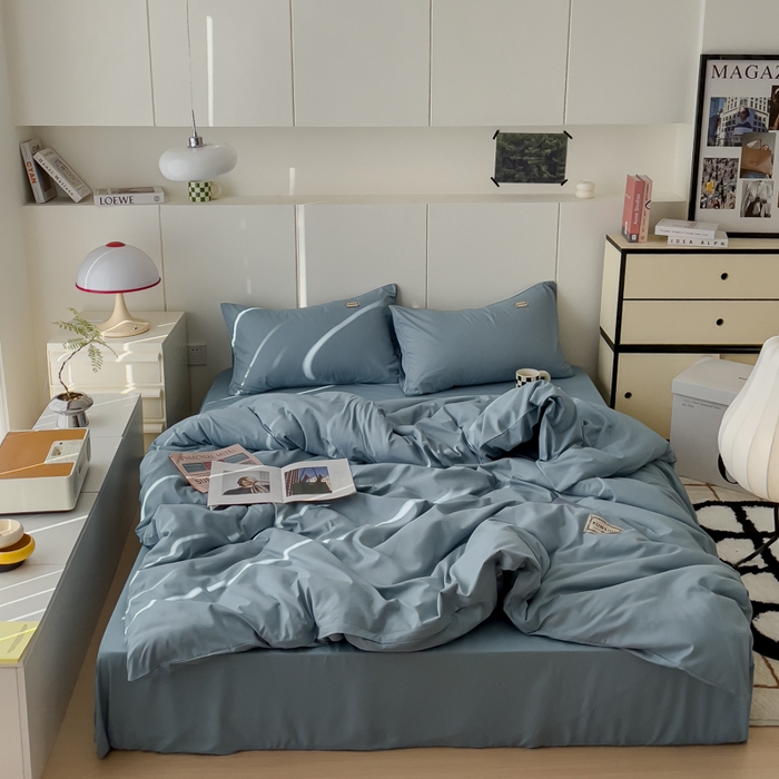 91家纺网 家纺一手货源 找家纺 蓝淋 2024新春款日式简约婴儿可以啃咬的超柔混搭水洗棉四件套 墨蓝