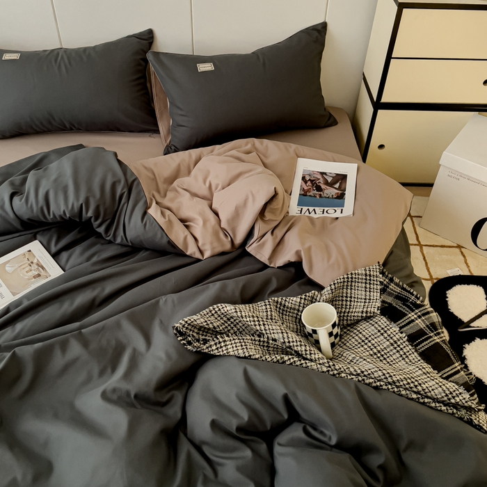 91家纺网 家纺一手货源 找家纺 蓝淋 2024新春款日式简约婴儿可以啃咬的超柔混搭水洗棉四件套 深灰+驼灰