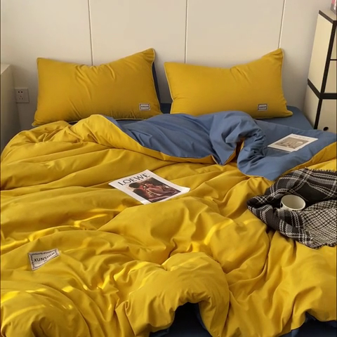 91家纺网 家纺一手货源 找家纺 蓝淋 2024新春款日式简约婴儿可以啃咬的超柔混搭水洗棉四件套 姜黄+蓝灰