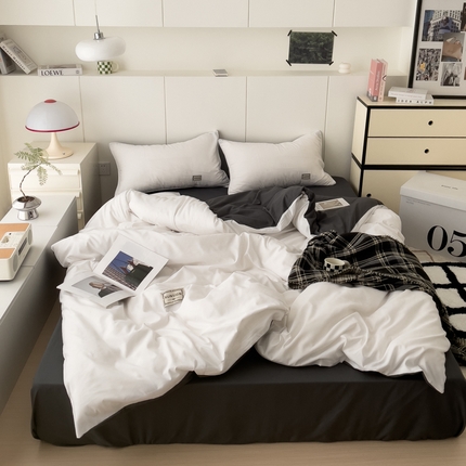 蓝淋 2024新春款日式简约婴儿可以啃咬的超柔混搭水洗棉四件套 米白+深灰