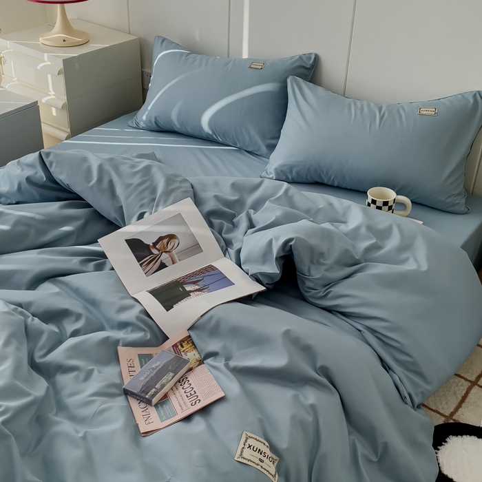 91家纺网 家纺一手货源 找家纺 蓝淋 2024新春款日式简约婴儿可以啃咬的超柔混搭水洗棉四件套 墨蓝