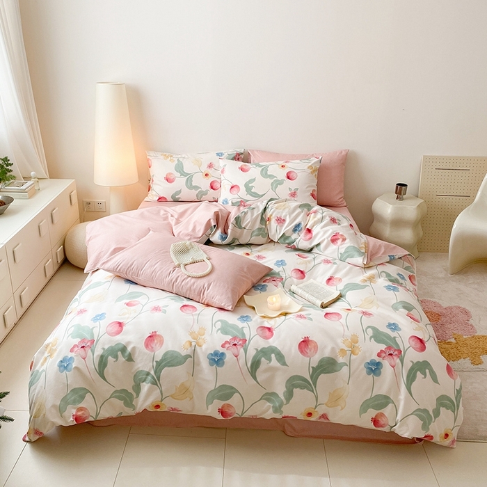 91家纺网 家纺一手货源 找家纺 宜家坊 2024新款全棉喷气13070小清新印花四件套-拍摄一 时留