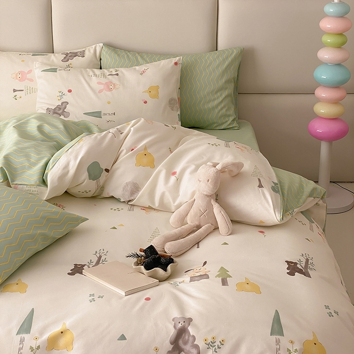 91家纺网 家纺一手货源 找家纺 宜家坊 2024新款全棉喷气13070小清新印花四件套-拍摄一 秘森茶话会