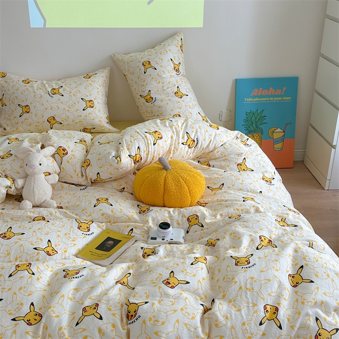 91家纺网 家纺一手货源 找家纺 时年 2024新款全棉双层纱四件套-宝可梦系列 皮卡丘精灵