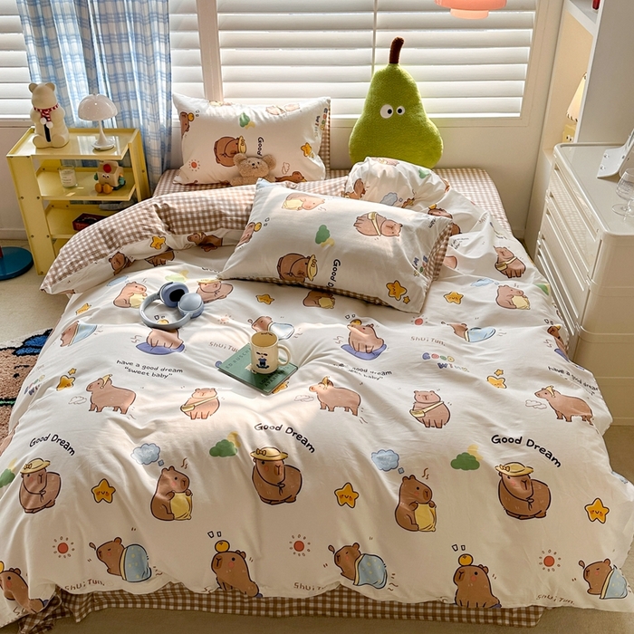 91家纺网 家纺一手货源 找家纺 昔可家纺 2024新款全棉卡通印花系列四件套 卡皮日常