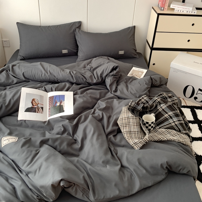 91家纺网 家纺一手货源 找家纺 蓝淋 2024新春款日式简约婴儿可以啃咬的超柔混搭水洗棉四件套 深灰