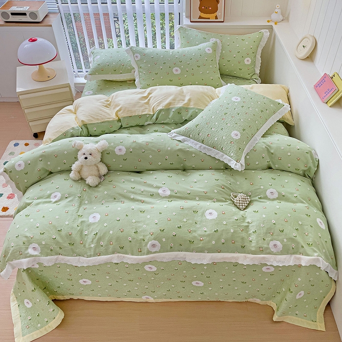 91家纺网 家纺一手货源 找家纺 羽爱家纺 2024新款A类双层纱棉花芯床盖套件 小绵羊