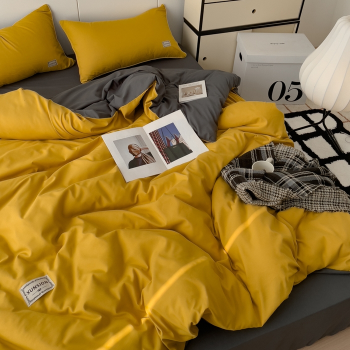 91家纺网 家纺一手货源 找家纺 蓝淋 2024新春款日式简约婴儿可以啃咬的超柔混搭水洗棉四件套 姜黄+深灰