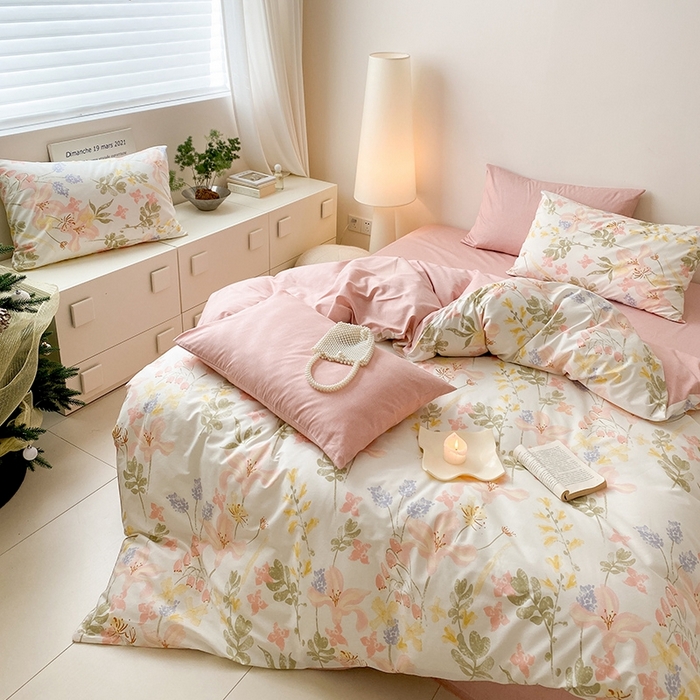 91家纺网 家纺一手货源 找家纺 宜家坊 2024新款全棉喷气13070小清新印花四件套-拍摄一 浮春绘