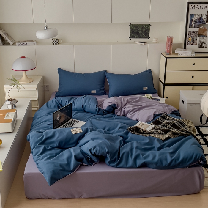 91家纺网 家纺一手货源 找家纺 蓝淋 2024新春款日式简约婴儿可以啃咬的超柔混搭水洗棉四件套 蓝灰+浅紫