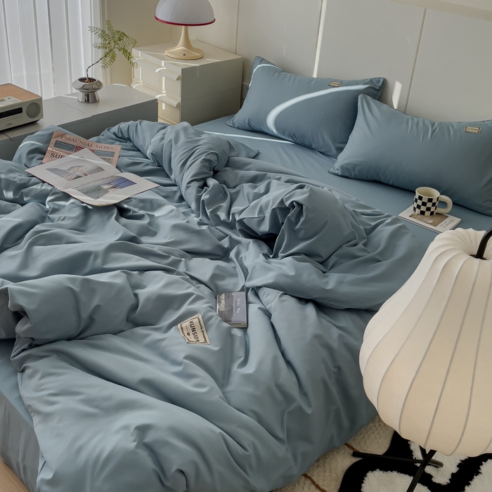 91家纺网 家纺一手货源 找家纺 蓝淋 2024新春款日式简约婴儿可以啃咬的超柔混搭水洗棉四件套 墨蓝