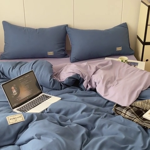 91家纺网 家纺一手货源 找家纺 蓝淋 2024新春款日式简约婴儿可以啃咬的超柔混搭水洗棉四件套 蓝灰+浅紫