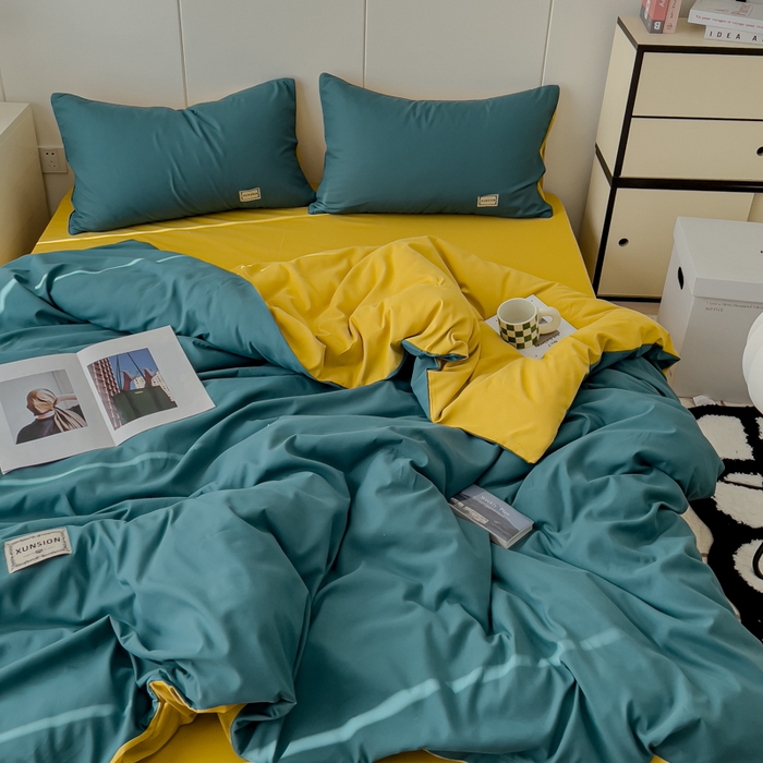 91家纺网 家纺一手货源 找家纺 蓝淋 2024新春款日式简约婴儿可以啃咬的超柔混搭水洗棉四件套 湖蓝+姜黄