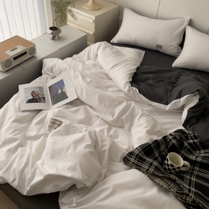 91家纺网 家纺一手货源 找家纺 蓝淋 2024新春款日式简约婴儿可以啃咬的超柔混搭水洗棉四件套 米白+深灰