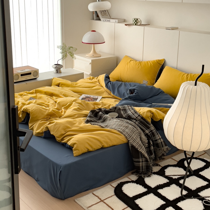 91家纺网 家纺一手货源 找家纺 蓝淋 2024新春款日式简约婴儿可以啃咬的超柔混搭水洗棉四件套 姜黄+蓝灰