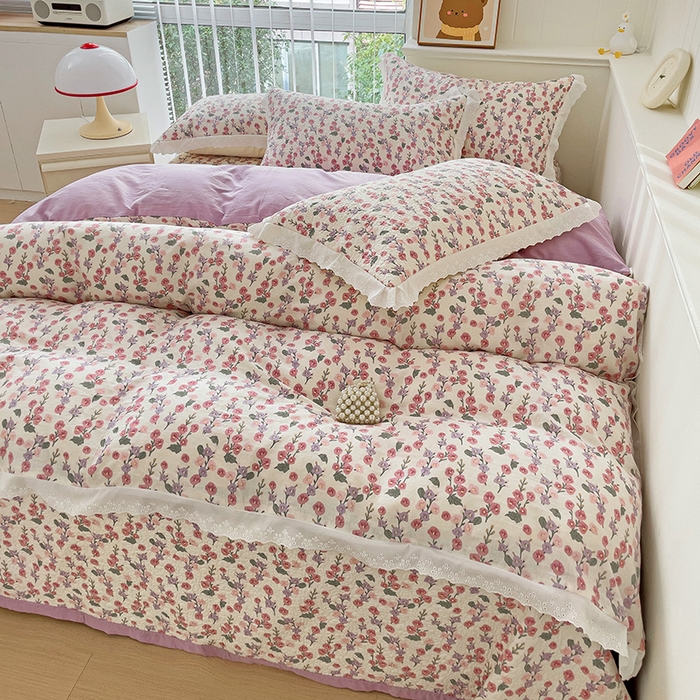 91家纺网 家纺一手货源 找家纺 羽爱家纺 2024新款A类双层纱棉花芯床盖套件 繁花