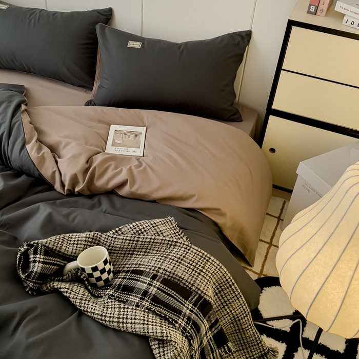 91家纺网 家纺一手货源 找家纺 蓝淋 2024新春款日式简约婴儿可以啃咬的超柔混搭水洗棉四件套 深灰+驼灰