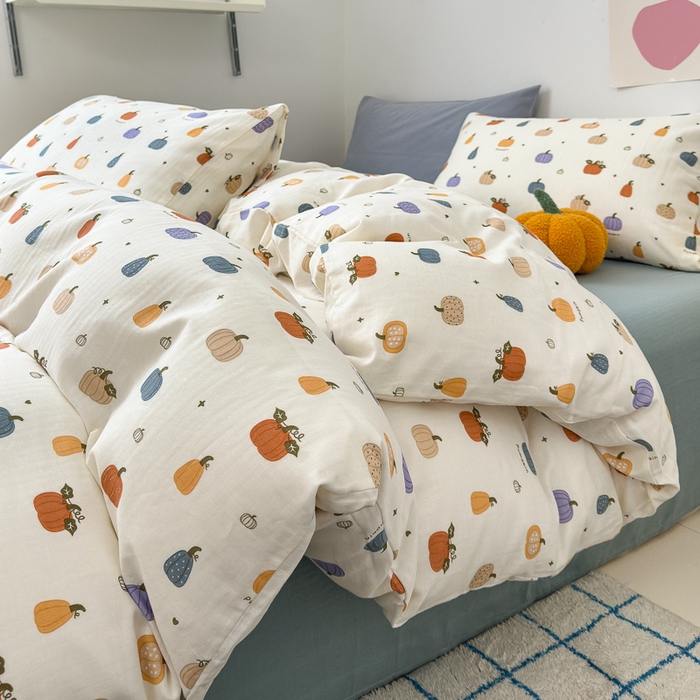 91家纺网 家纺一手货源 找家纺 优彩 2025新款全棉双层纱四件套 南瓜派