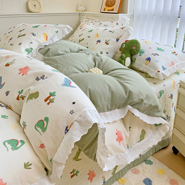 91家纺网 家纺一手货源 找家纺 羽爱家纺 2024新款双层纱棉花芯床盖套件 恐龙园