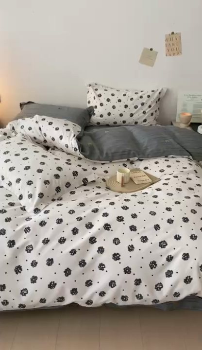 91家纺网 家纺一手货源 找家纺 宜家坊 2024新款全棉喷气13070小清新印花四件套-拍摄一 黑白恋曲