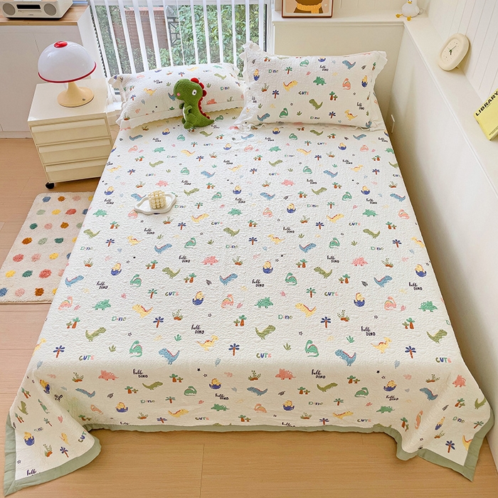 91家纺网 家纺一手货源 找家纺 羽爱家纺 2024新款双层纱棉花芯床盖套件 恐龙园