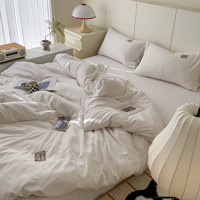 91家纺网 家纺一手货源 找家纺 蓝淋 2024新春款日式简约婴儿可以啃咬的超柔混搭水洗棉四件套 米白