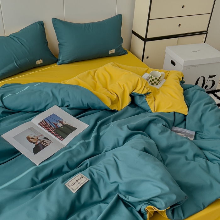 91家纺网 家纺一手货源 找家纺 蓝淋 2024新春款日式简约婴儿可以啃咬的超柔混搭水洗棉四件套 湖蓝+姜黄