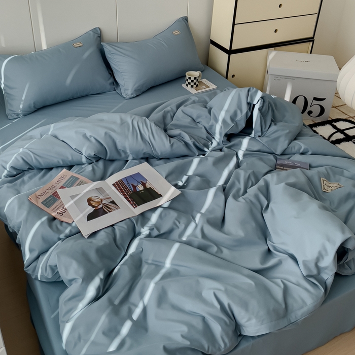 91家纺网 家纺一手货源 找家纺 蓝淋 2024新春款日式简约婴儿可以啃咬的超柔混搭水洗棉四件套 墨蓝