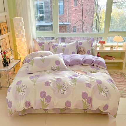 91家纺网 家纺一手货源 找家纺 菲梵家纺 2025新款喷气小清新全棉印花单品被套（预留缩水） 花丛小兔