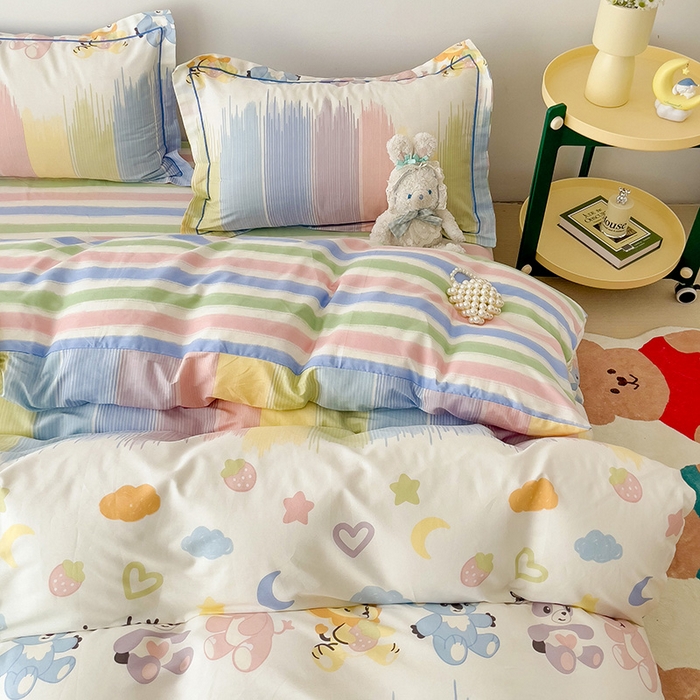 91家纺网 家纺一手货源 找家纺 乐童家纺 2024新款直播爆款13070纯棉印花吊边款一字绣四件套 萌系新宠