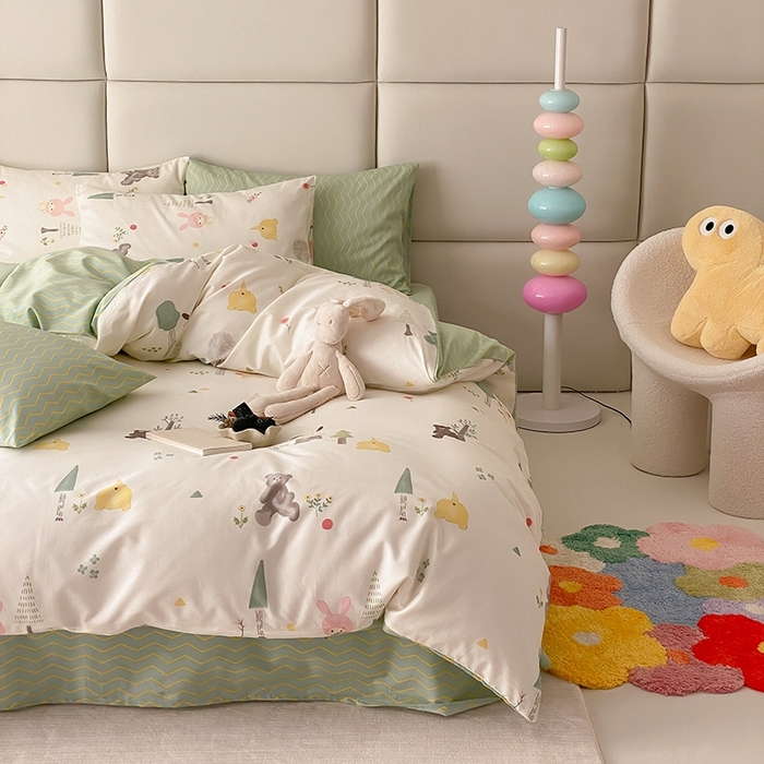 91家纺网 家纺一手货源 找家纺 宜家坊 2024新款全棉喷气13070小清新印花四件套-拍摄一 秘森茶话会