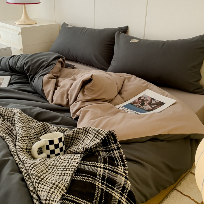 91家纺网 家纺一手货源 找家纺 蓝淋 2024新春款日式简约婴儿可以啃咬的超柔混搭水洗棉四件套 深灰+驼灰