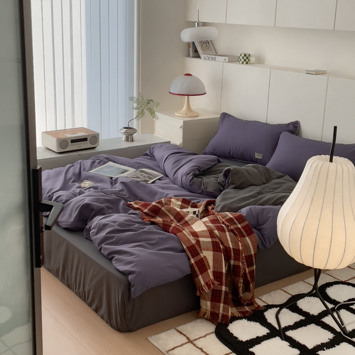 91家纺网 家纺一手货源 找家纺 蓝淋 2024新春款日式简约婴儿可以啃咬的超柔混搭水洗棉四件套 深色青+深灰