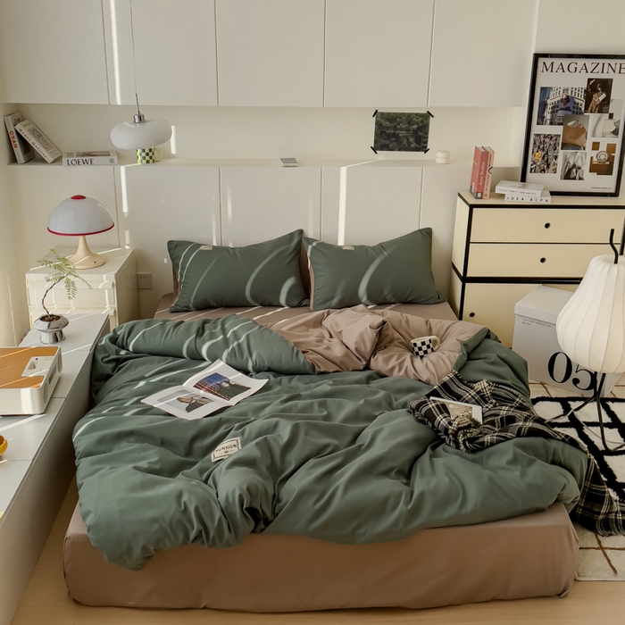 91家纺网 家纺一手货源 找家纺 蓝淋 2024新春款日式简约婴儿可以啃咬的超柔混搭水洗棉四件套 浅绿+卡其