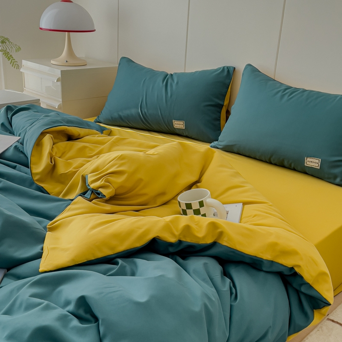 91家纺网 家纺一手货源 找家纺 蓝淋 2024新春款日式简约婴儿可以啃咬的超柔混搭水洗棉四件套 湖蓝+姜黄