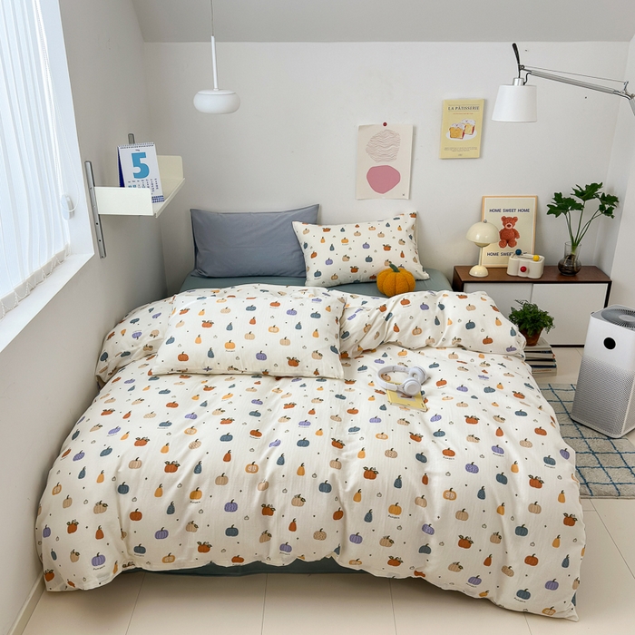 91家纺网 家纺一手货源 找家纺 优彩 2025新款全棉双层纱四件套 南瓜派