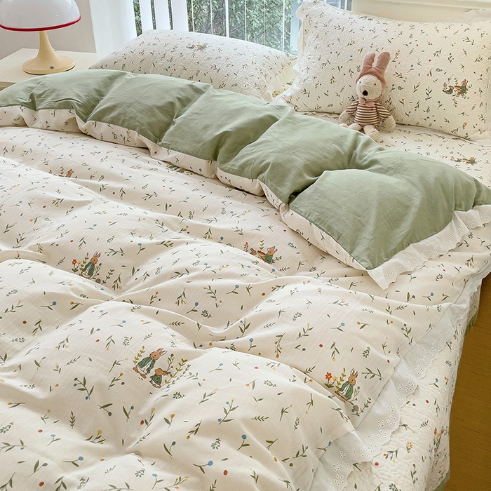 91家纺网 家纺一手货源 找家纺 羽爱家纺 2024新款A类双层纱棉花芯床盖套件 森林兔