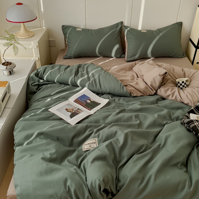 91家纺网 家纺一手货源 找家纺 蓝淋 2024新春款日式简约婴儿可以啃咬的超柔混搭水洗棉四件套 浅绿+卡其