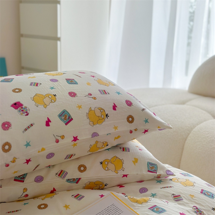 91家纺网 家纺一手货源 找家纺 时年 2024新款全棉双层纱四件套-宝可梦系列 可达鸭呀