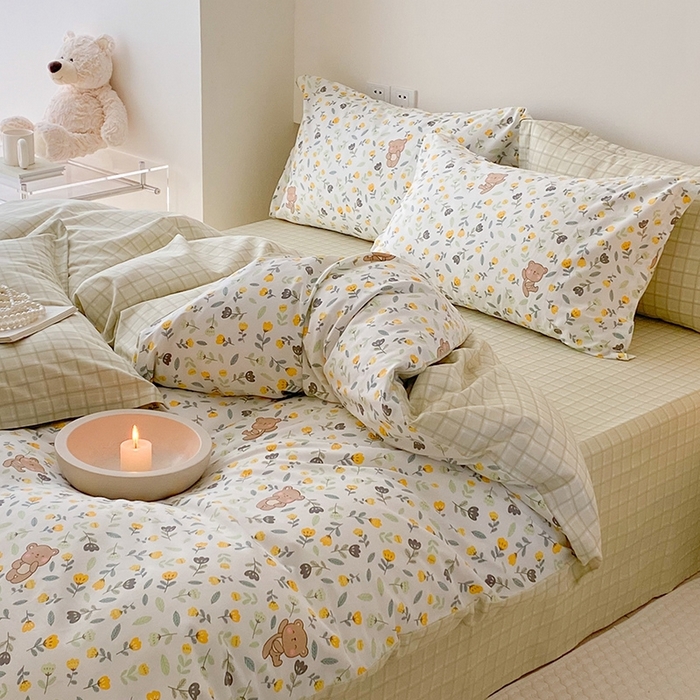 91家纺网 家纺一手货源 找家纺 宜家坊 2024新款全棉喷气13070小清新印花四件套-拍摄一 朵朵熊