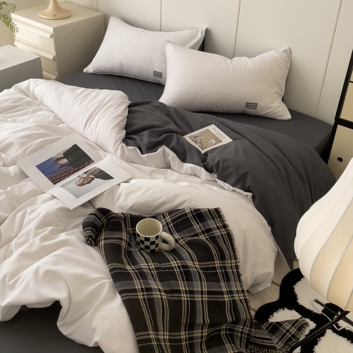 91家纺网 家纺一手货源 找家纺 蓝淋 2024新春款日式简约婴儿可以啃咬的超柔混搭水洗棉四件套 米白+深灰