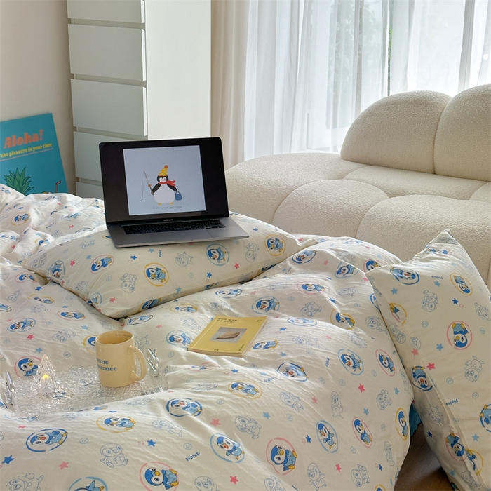 91家纺网 家纺一手货源 找家纺 时年 2024新款全棉双层纱四件套-宝可梦系列 可爱波加曼