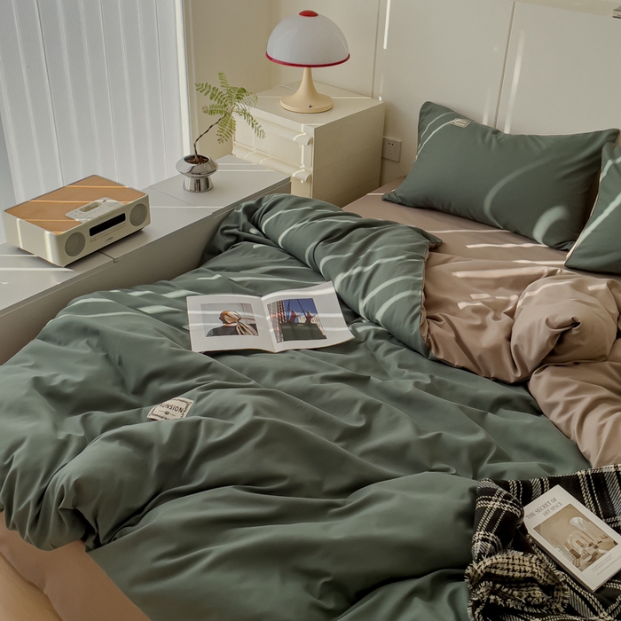 91家纺网 家纺一手货源 找家纺 蓝淋 2024新春款日式简约婴儿可以啃咬的超柔混搭水洗棉四件套 浅绿+卡其