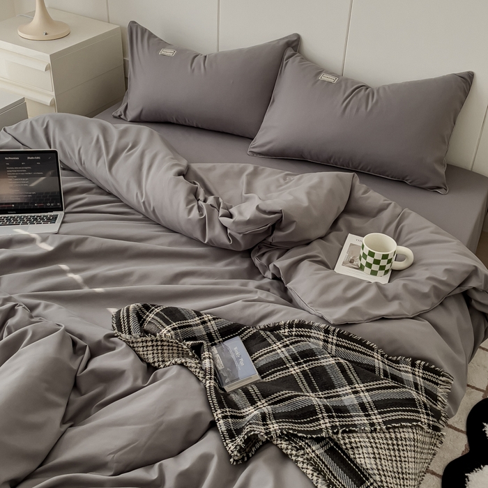 91家纺网 家纺一手货源 找家纺 蓝淋 2024新春款日式简约婴儿可以啃咬的超柔混搭水洗棉四件套 浅灰